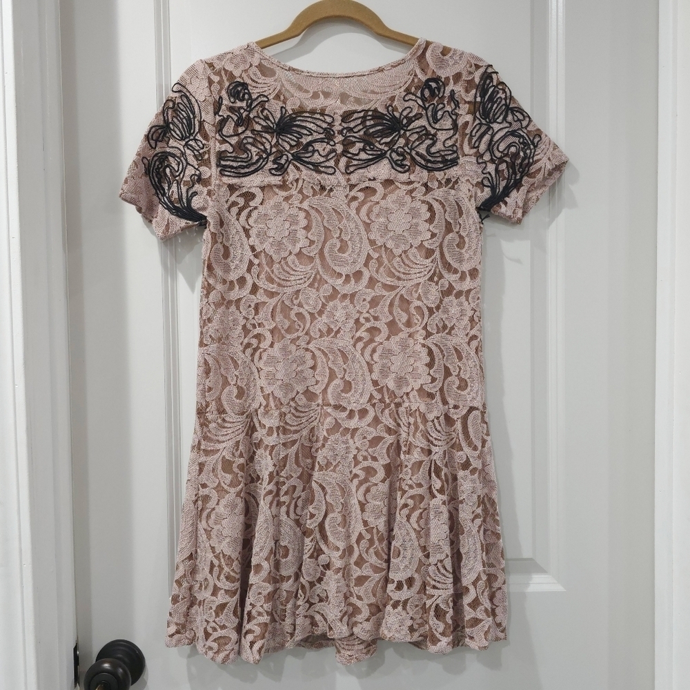 FREE PEOPLE Beautiful Dreamer Blush Black Embroidery Mini Lace Holiday Dress, XS - Picture 13 of 16